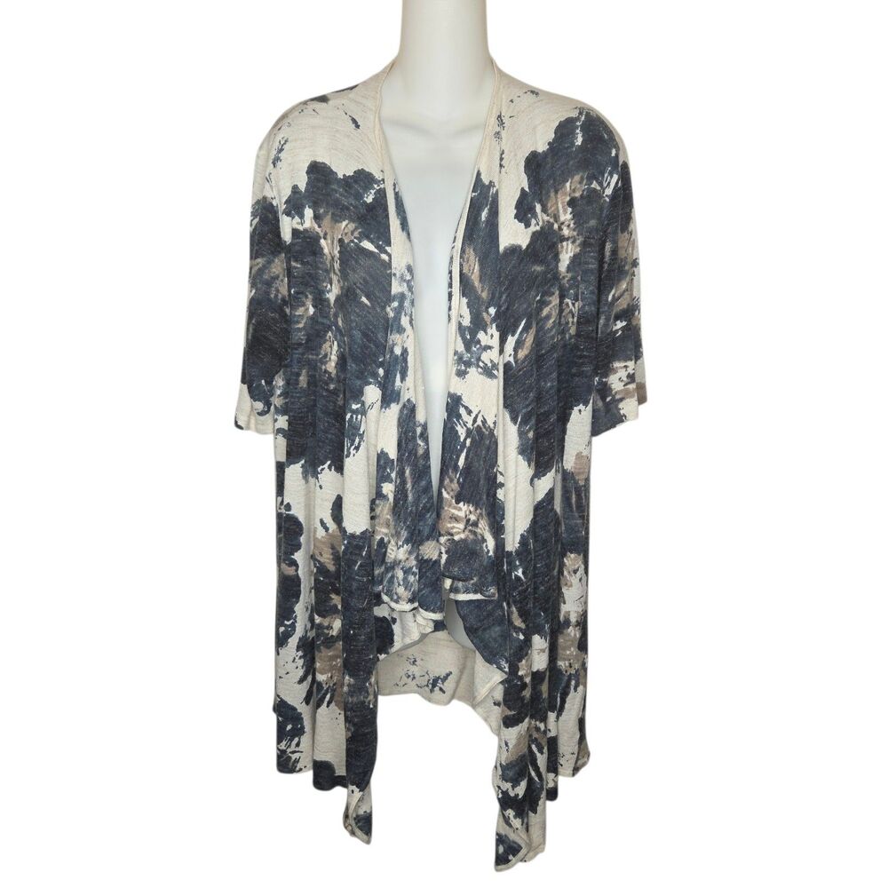 Coldwater Creek XL 18 Abstract Floral Linen Blend Open Front Cardigan Blue Cream